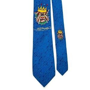 ED HARDY Christian Audigier Men Blue 100%‎ Silk Neck Tie Bull Dog Rhinestone Y2K